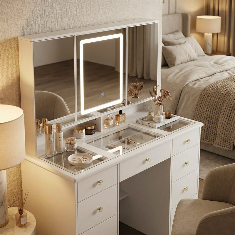 43.3" Makeup Vanity Desk with Tri-Fold LED Lighted Mirror, 9 Drawers and Hidden Storage for Bedroom, White