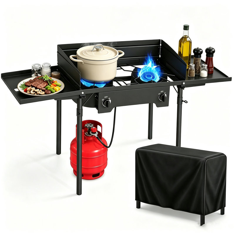 Poêle au propane extérieur 2 brûleurs 150 000 BTU avec pare-brise et tables d'appoint pliables