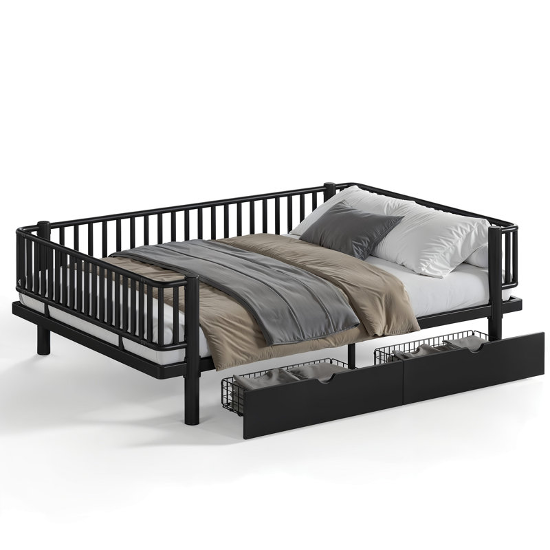 Grand lit plateforme avec tiroirs de rangement, structure de lit de jour en métal avec conception de tuyau rond de sécurité améliorée, conception à profil bas, noir