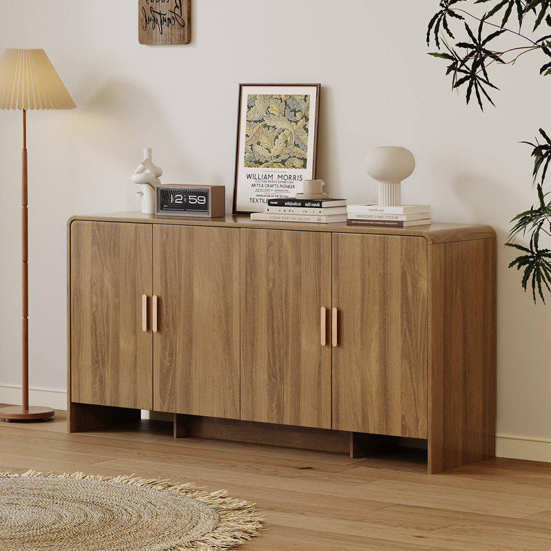 60” Sideboard Curved Cabinet With 4 Doors, Oak