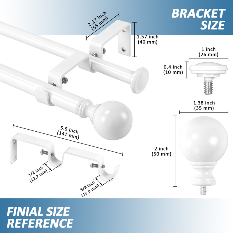 Tringle à rideaux double réglable Lipsey, H 0,63 po x l 48 po x P 0,63 po, Blanc lustré