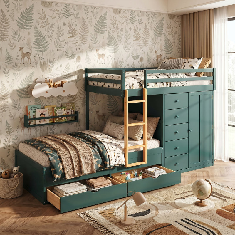 Lit superposé double en blanc avec 2 grands tiroirs et 5 petits tiroirs, panneau de fibres à densité moyenne de construction de haute qualité et bois massif, garde-corps et échelle robuste, conception de rangement moderne avec petite armoire, beaucoup de rangement