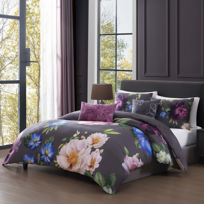 Elegant Blossoms Gray Cotton Queen Reversible Comforter Set