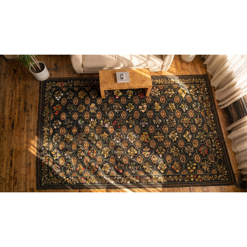 Large Size Charcoal Color Antique Floral English Flat Weave Needlepoint Carpet