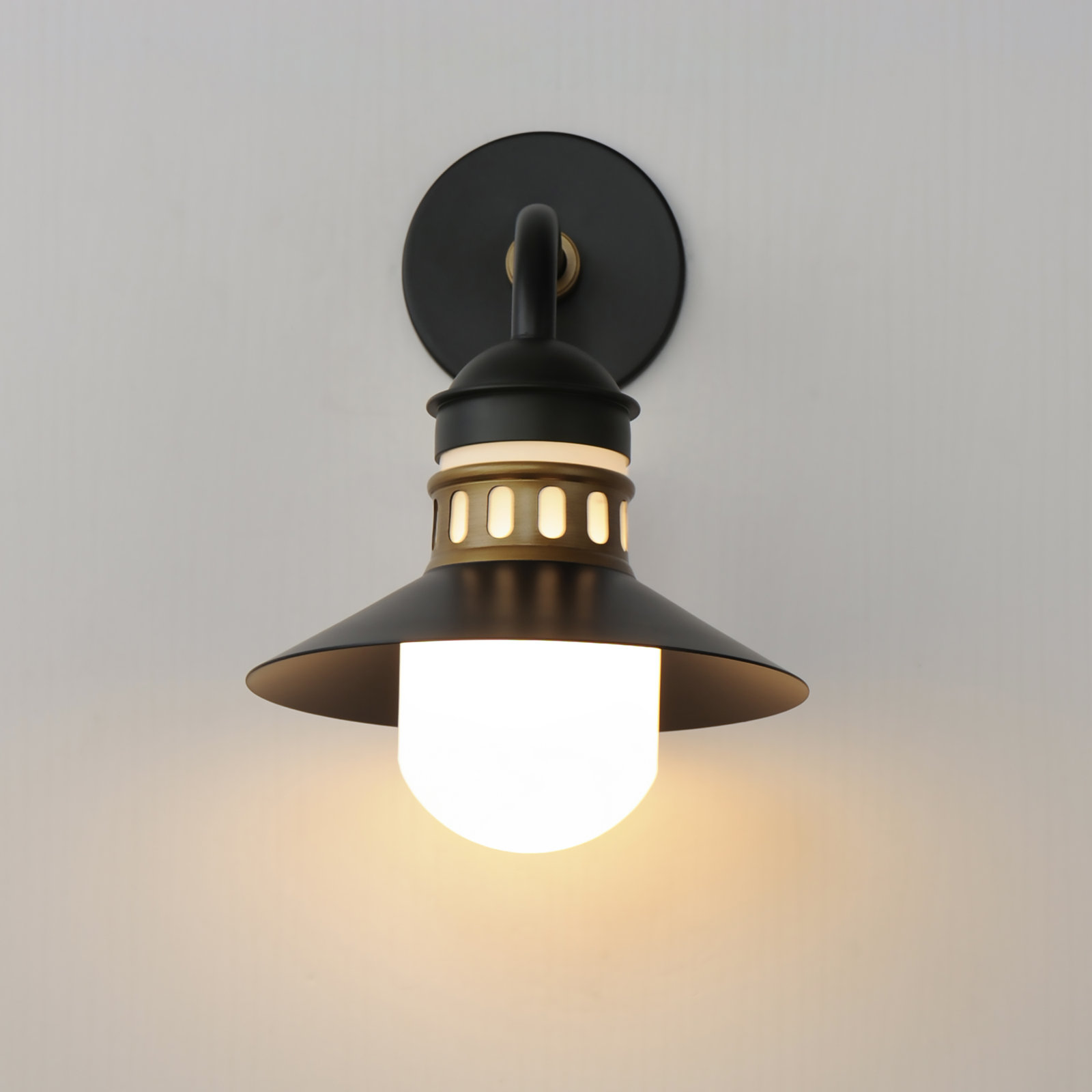 Single Light Bell Outdoor Wall Light, 14.5" H x 9.75' W x 11.25" D, Black/Antique Brass