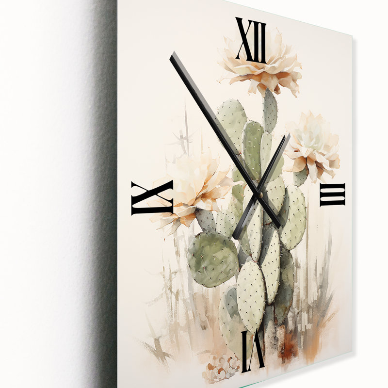 Minimalisme beige et vert Cactus I - Cactus horloge murale moderne, Grand