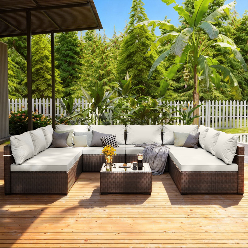 9-piece wicker patio conversation sets with cushions, Ivory White