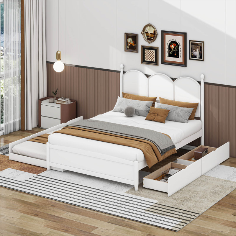 Grand lit plateforme avec 2 grands tiroirs, lit gigogne simple TG, Blanc