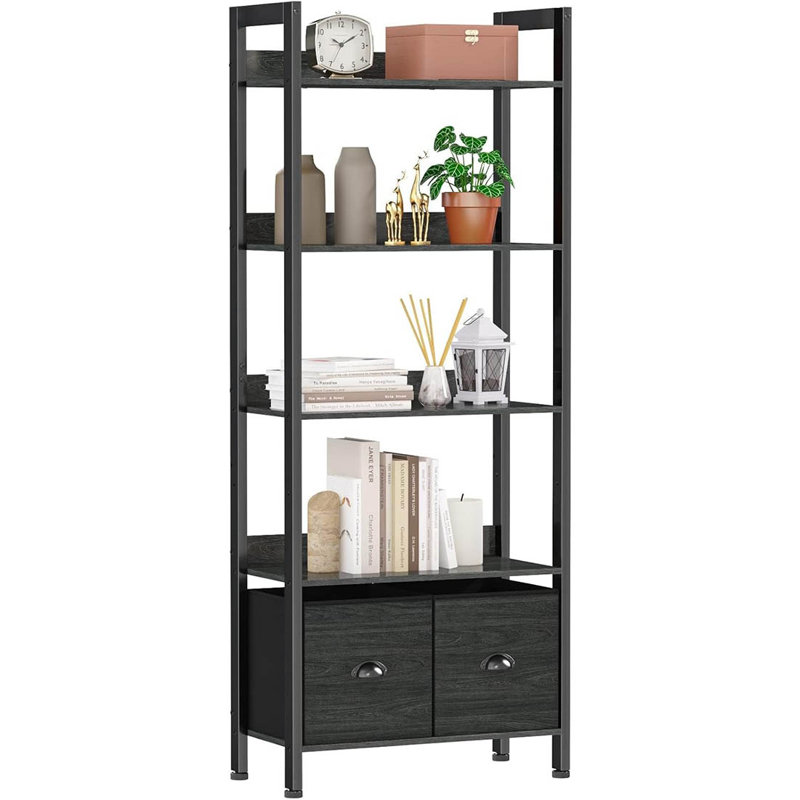 5-Tier Bookshelf, Tall Bookcase With 2 Storage Drawers, Black Oak