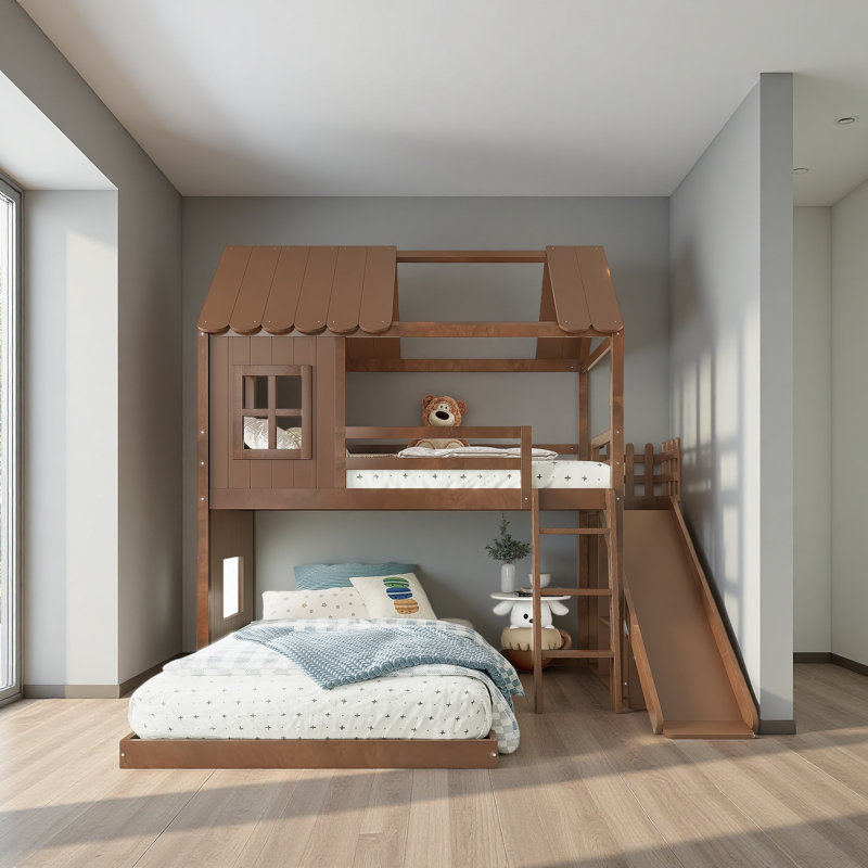 Lit superposé simple au dessus d'une chambre double avec échelles et glissières, Naturel foncé