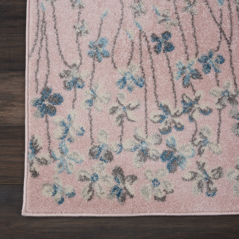 Tapis floral rose en polypropylène tissé à la machine, Tapis de couloir 2 pi 3 po x 7 pi 3 po