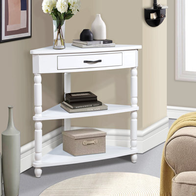 33.8'' Small Triangle Corner Table, Wood Corner Side Table For Small Spaces/ Living Room, 3 Tier End Corner Table With Solid Wood Legs, Milk White
