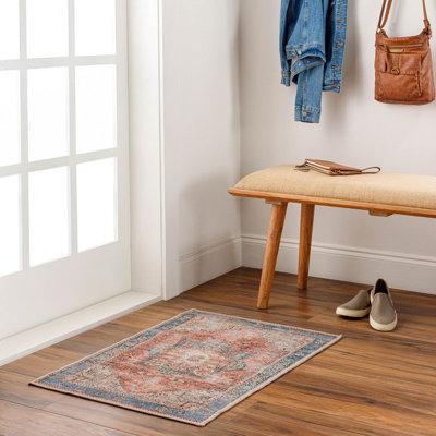 Rust Blue Traditional Washable Rug, Bordered Floral Anti-Slip Rug For Living Room, Dining Room, Bedroom