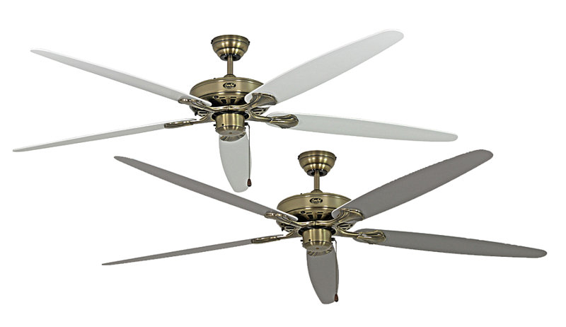 Boutwell 180cm Ceiling Fan, Antique Brass with Lacquered White and Light Grey