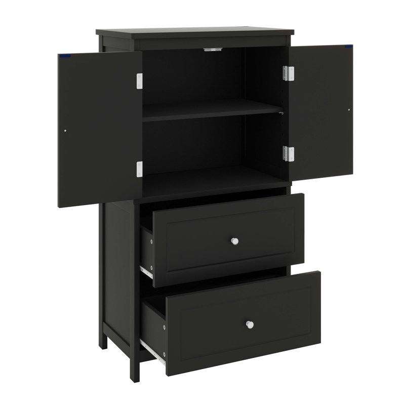 Bathroom Freestanding Floor Storage Cabinet With 2 Drawers, 2 Doors & Adjustable Shelf, Black