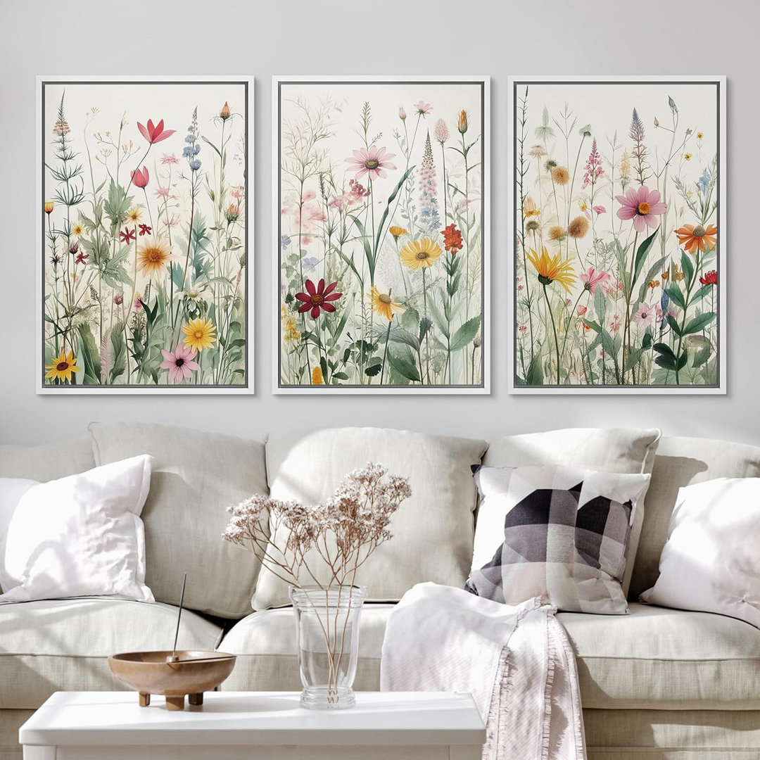 Vibrant Wildflower Green Garden Floral Boho Artwork Framed On Canvas 3 Piece Paintings Print Wall Decor IDEA4WALL Frame 
