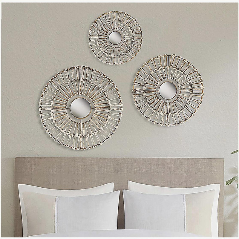 Décoration murale circulaire en fibre naturelle et miroir 3 pièces