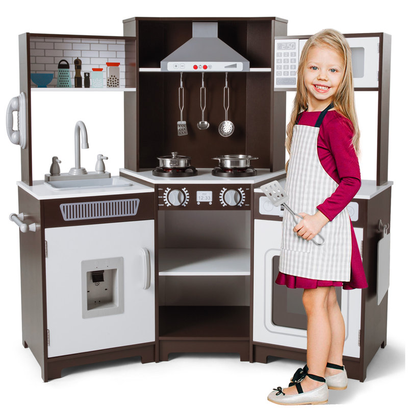 Brown and White Wooden Kids Play Kitchen Set with Accessories