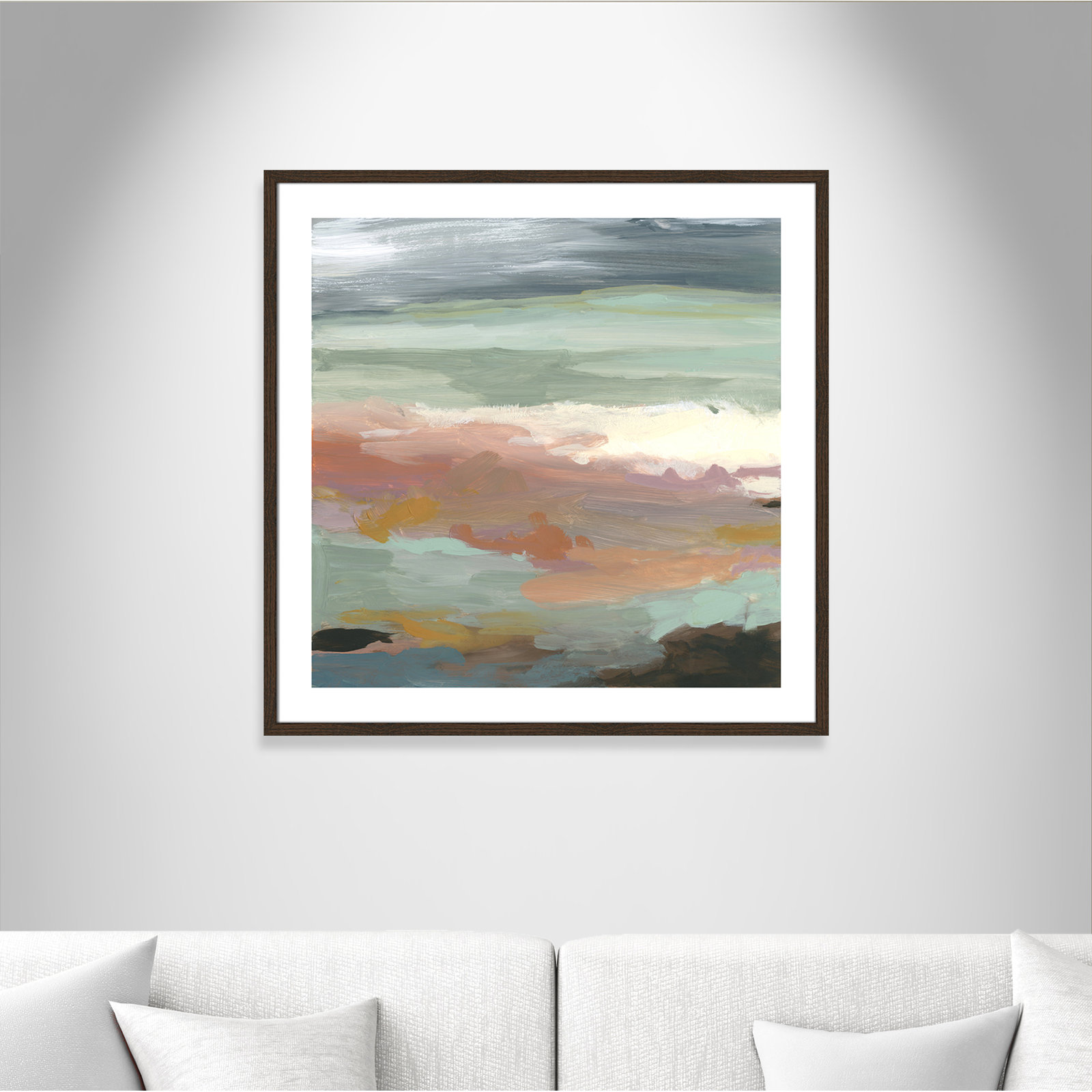 Bingham "Ocean Bluffs" Painting by Carol Robinson, Picture Framed Paper, 33.25" H x 33.25" W, Walnut Wood