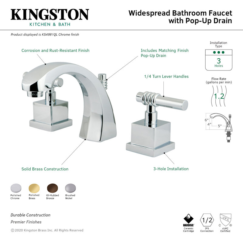 Kingston Brass Milano Two-Handle 3-Hole Deck Mount Widespread Bathroom Faucet with Brass Pop-Up Drain, Polished Chrome