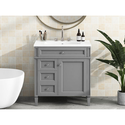 Meuble-lavabo moderne avec lavabo, armoire 30 po, 2 tiroirs gris et un tiroir basculant, trou de robinet de rangement, tiroir