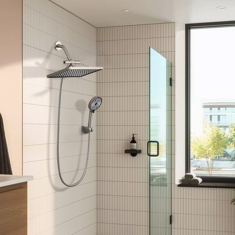 Pomme de douche rectangulaire double 12 po avec douchette à 6 jets nickel brossé, Nickel brossé