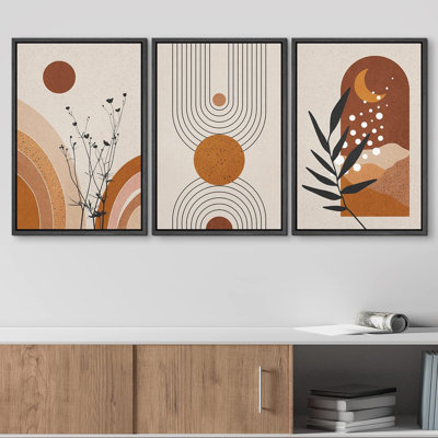 «Boho Mid-Century géométrique, plante, planètes, illustrations abstraites, art moderne, décor bohémien», 3 pièces