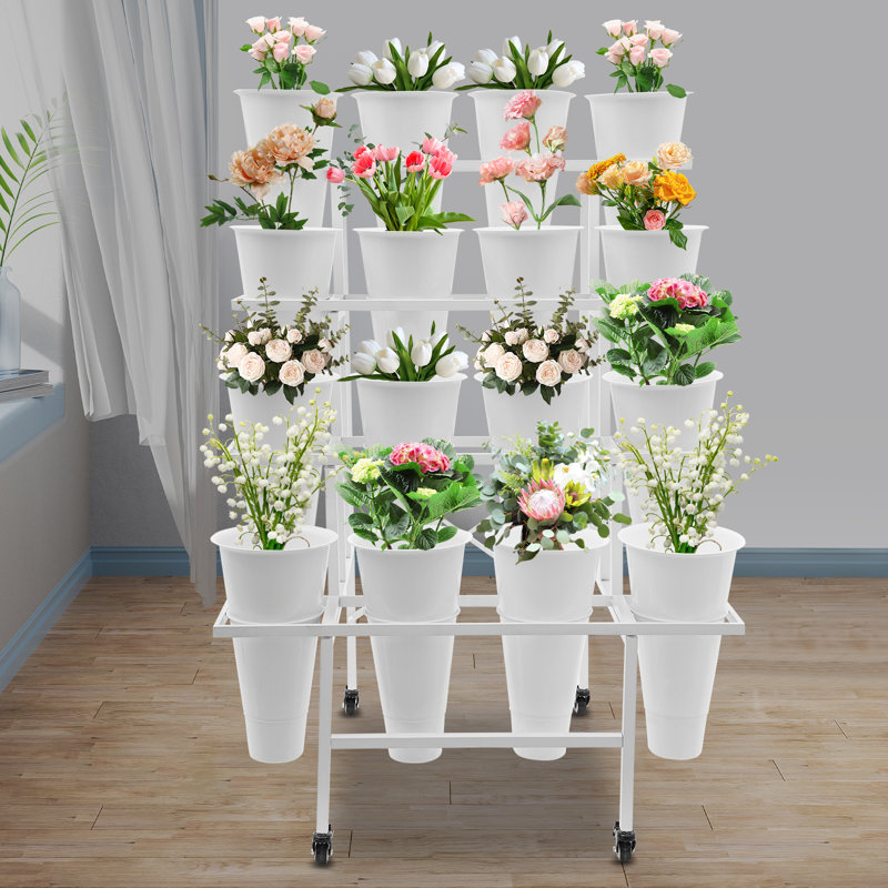 White Steel 4-Tier Plant Stand with 16 Buckets and Wheels