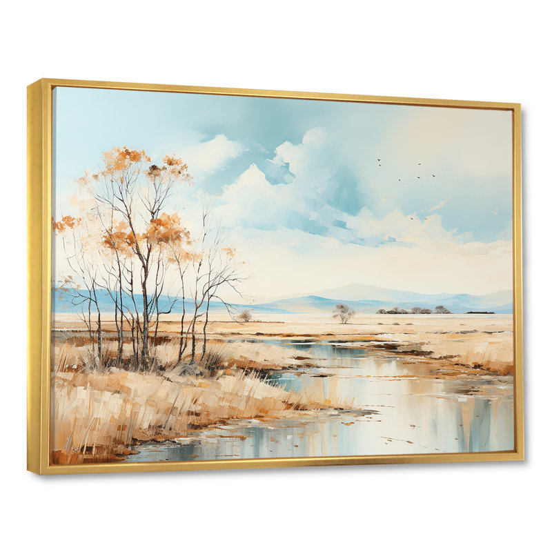 Beige Scerene Meadow Stream Harmony sur toile, Cadre flottant doré, H 12 po x l 20 po x P 1 po