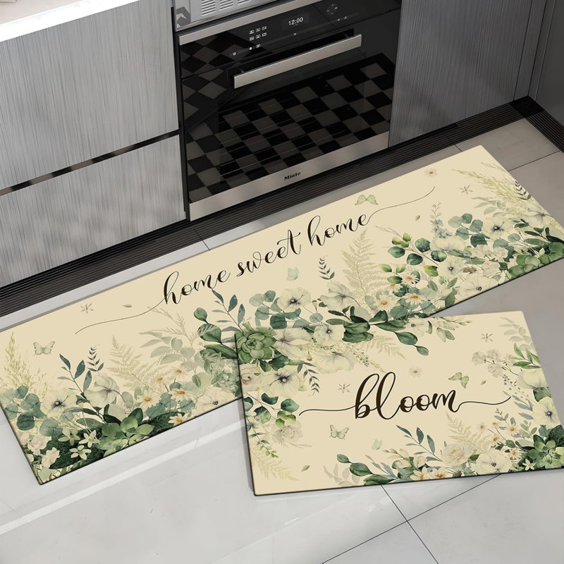 Paquet de 2 tapis de cuisine Bloom Home Sweet Home, décoration florale de ferme pour la cuisine et la chambre à coucher, vert beige