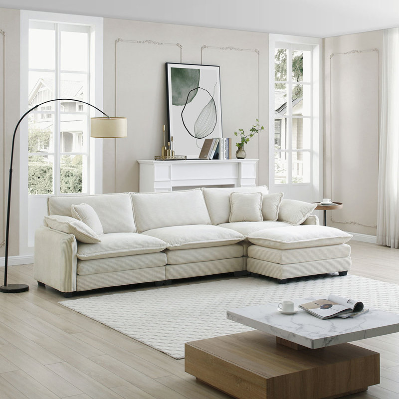 Upholstered Sectional, 33.85"H x 150.38"W x 34.25"D, Beige Corduroy