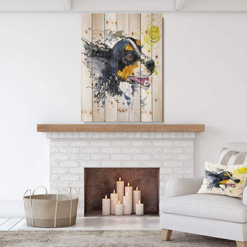 Chien et boule jaune aquarelle - reproduction d'art, H 46 po x l 36 po x P 1,5 po, Bois