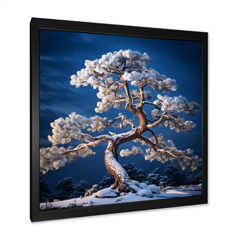 Bonsai pureté en hiver sur toile, Cadre simple noir, H 16 po x l 16 po x P 1 po