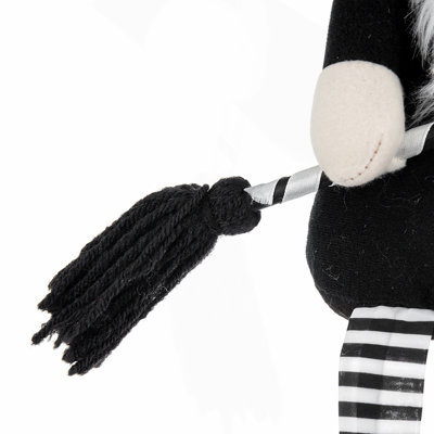 Set of 2, 4.3x4x26.8" Fabric Sitting Black Gnome With Broomstick&Long Legs, for Halloween Decor