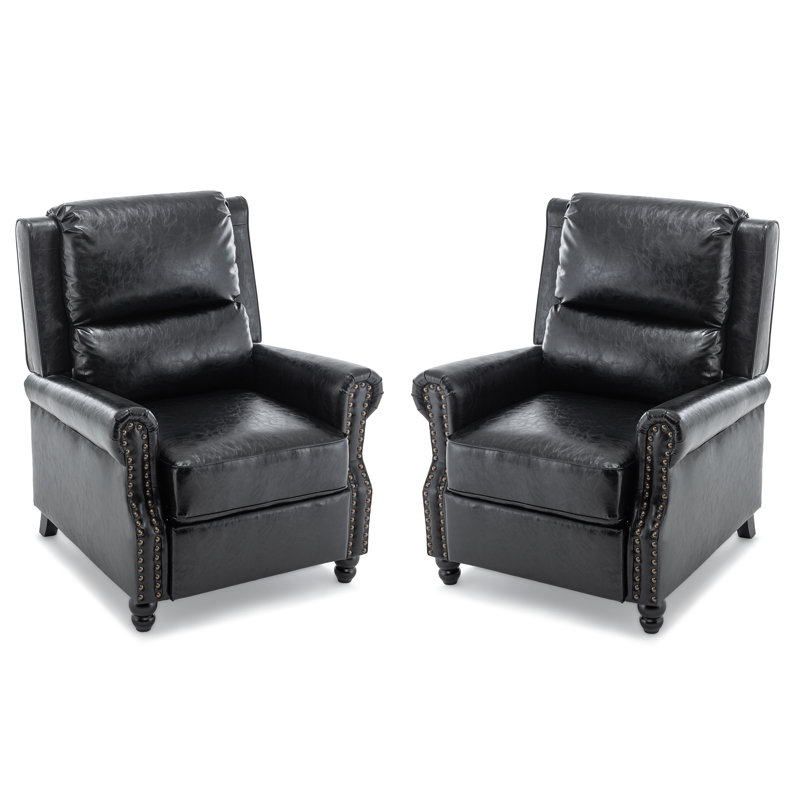 Ameiah Upholstered Balck Faux Leather Manual Push Back Recliner Chair with Wingback, Black