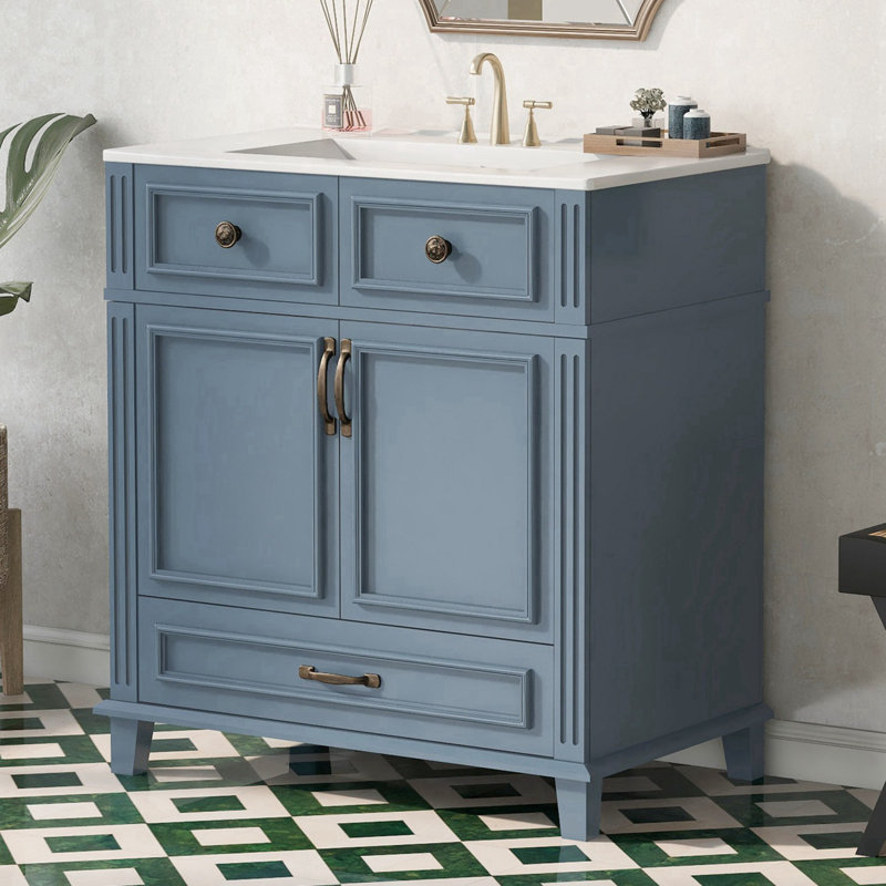 Meuble-lavabo autoportant de 30 po avec lavabo en céramique, Bronze Antique, Bleu