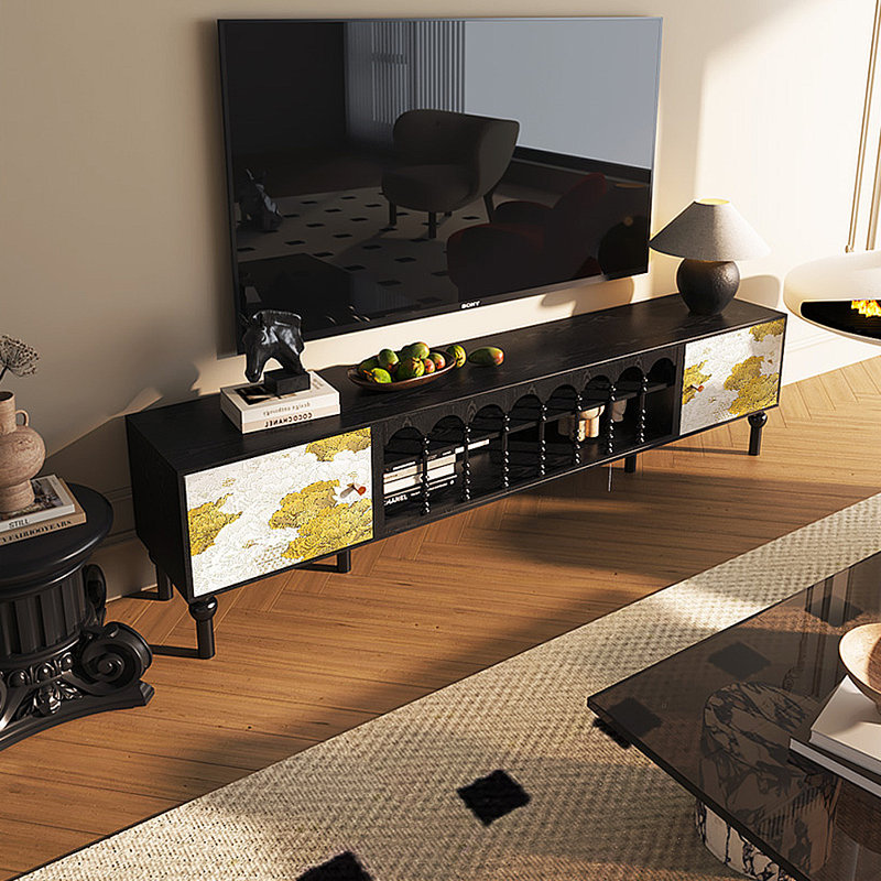 Meuble télé avec rangement peint français rétro, H 21,26 po x L 70,87 po x l 15,75 po, Noir