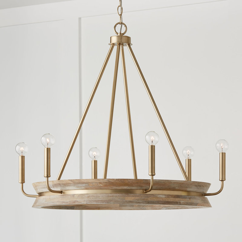 Tisbury 6 - Light Dimmable Wagon Wheel Chandelier, White Wash/Matte Brass
