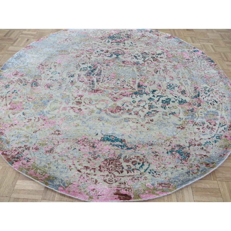 Tapis oriental coloré abstrait noué à la main 6 pi 7 po x 6 pi 7 po avec soie D8FE41E764154831ABF9EB63453EE583