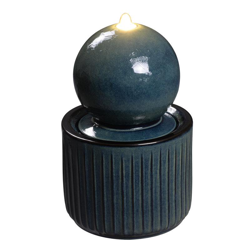 Blue Ceramic Sphere Fountain, Decorative Water Fountain with LED Lights and Quiet Pump, Indoor Outdoor Water Feature for Patio, Garden, Deck, Balcony, Office and Home Décor, Relaxing Cascading Water Design