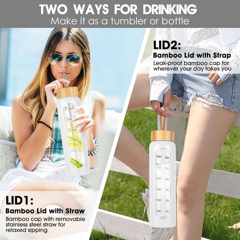 LoochMee 32oz. Glass Water Bottle, White