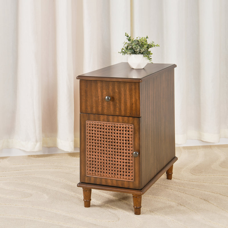 Wood Rattan Side Table with Storage