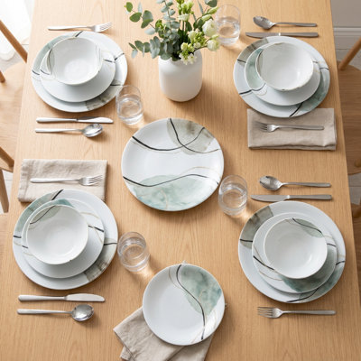 Service de vaisselle moderne en porcelaine sauge et or Aquarelle (service de 24 pièces pour 6 personnes)