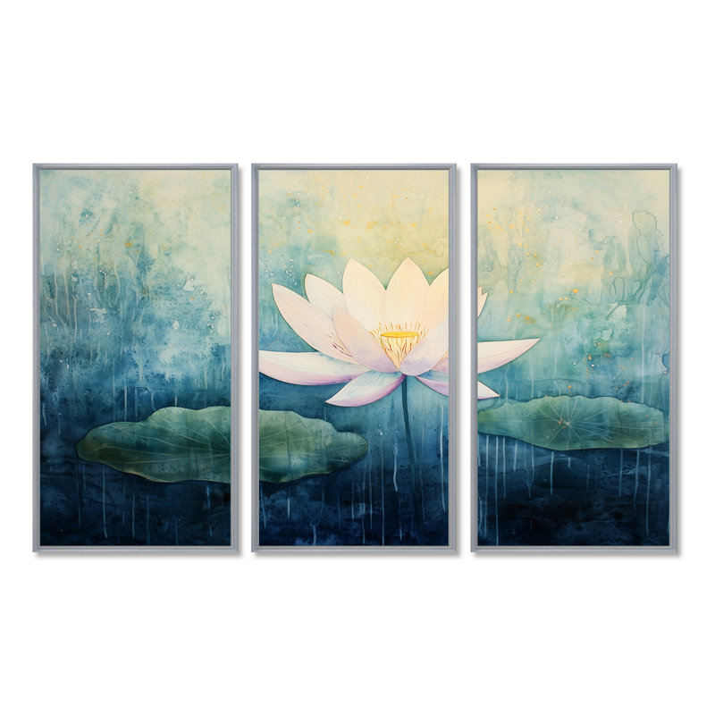 Addix - lot d'art mural lotus, Reproduction avec cadre flottant, Argent argent, H 28 po x l 36 po