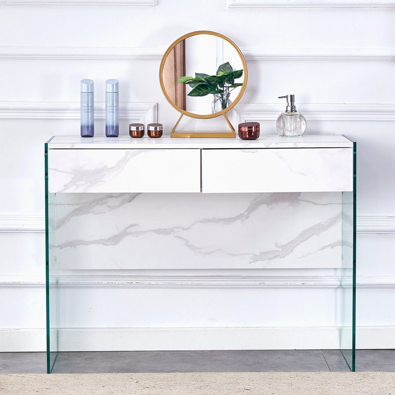 Commode blanche minimaliste en bois aggloméré, bureau, bureau d'ordinateur, avec espace de rangement à double tiroir, maison simple, parfaite pour divers styles d'environnements domestiques.