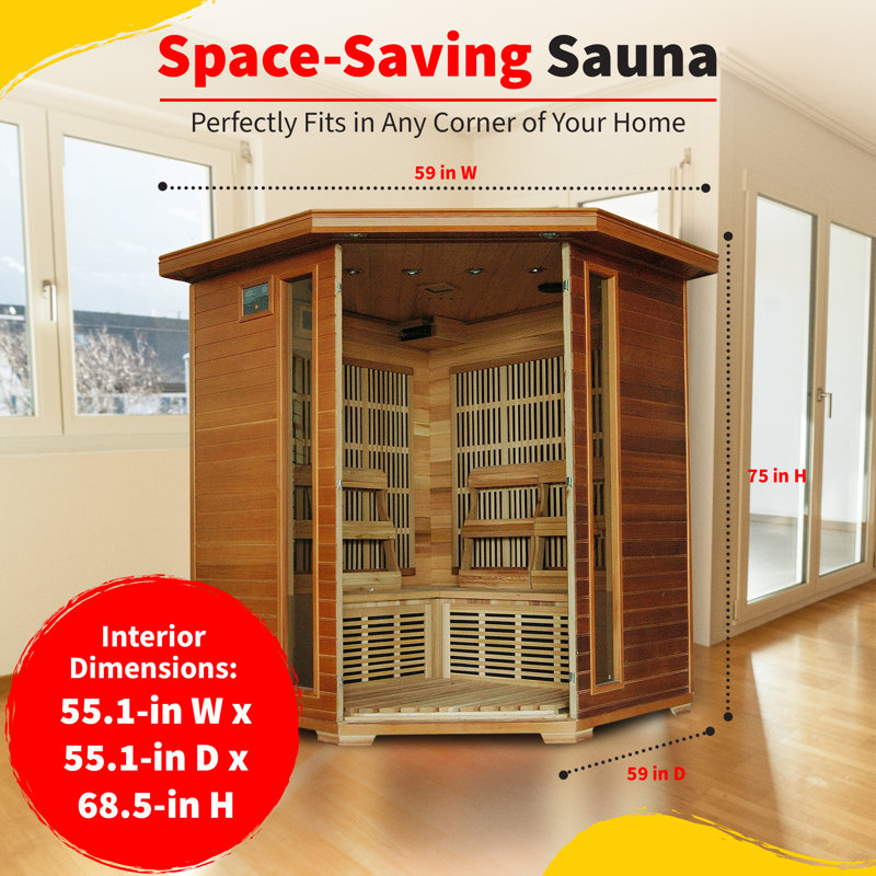 Sauna infrarouge d'angle en cèdre HEATWAVE Whistler pour 4 personnes, idéal pour la détente à domicile – Sauna intérieur avec 10 radiateurs au charbon, éclairage de chromothérapie, ioniseur d'oxygène et système audio stéréo intégré.