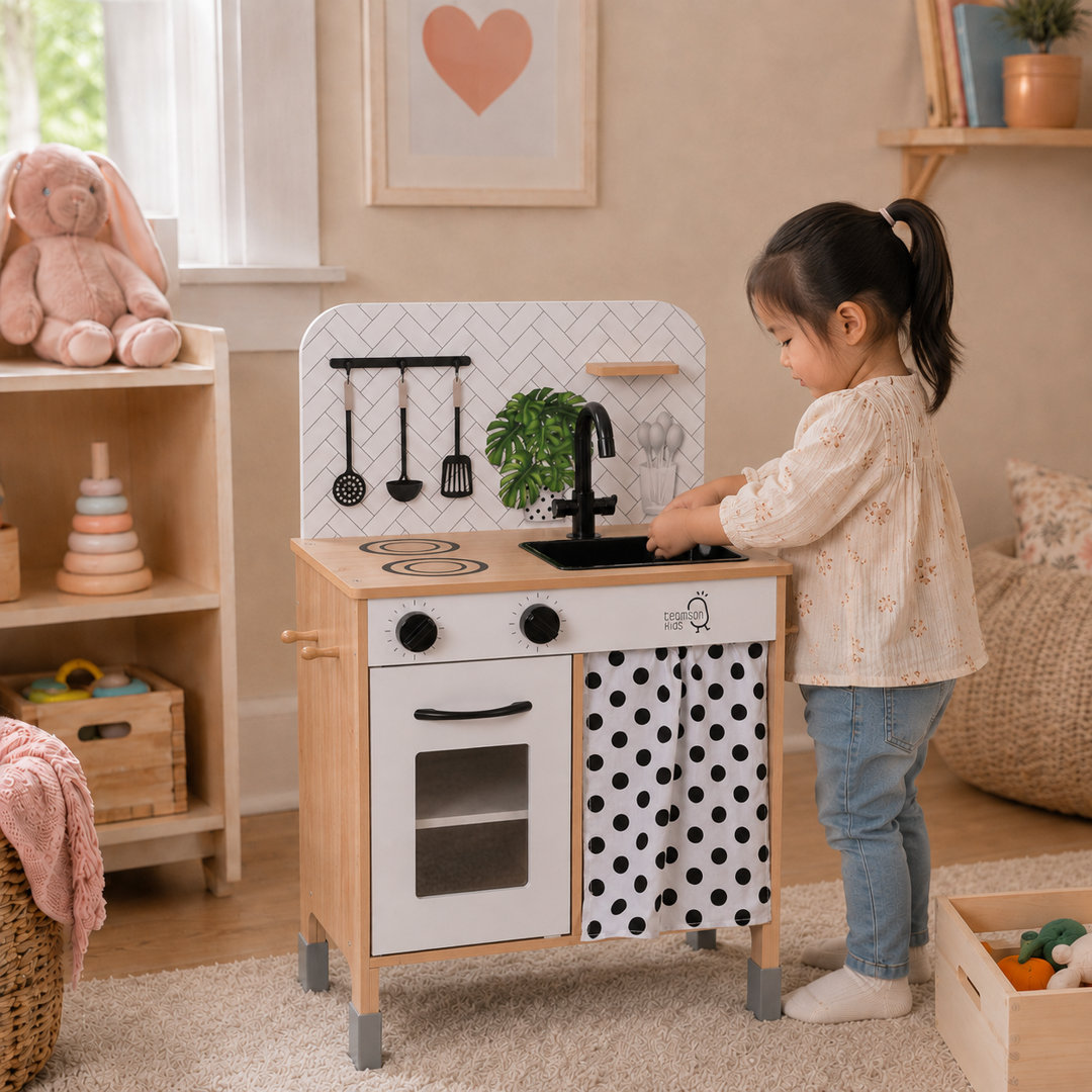 Teamson Kids Adjustable Wooden Play Kitchen with 2 Height Settings, Clicking Knobs, Tap, Cabinet, Shelf, Side Pegs, Little Chef Philly