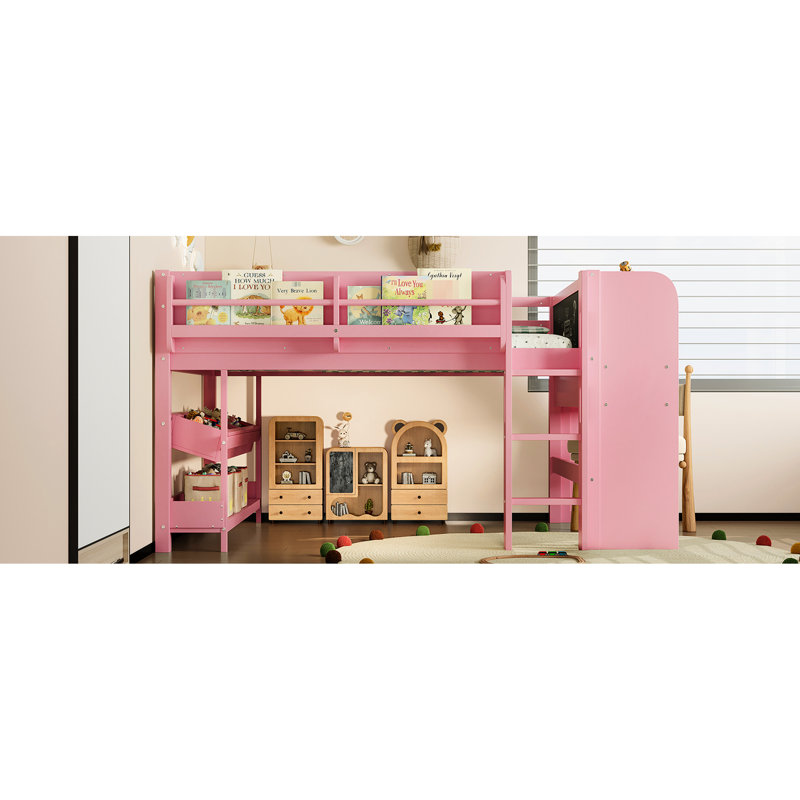 Lit mezzanine bas en bois massif rose avec bibliothèques, bureau et rangement pour tiroirs complets