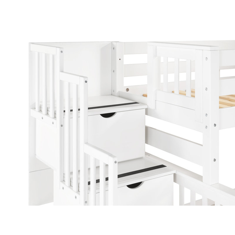 Tena Solid Wood Standard Stairway Bunk Beds Twin over Full, 4 Drawers in the Steps, Twin Trundle, White, White