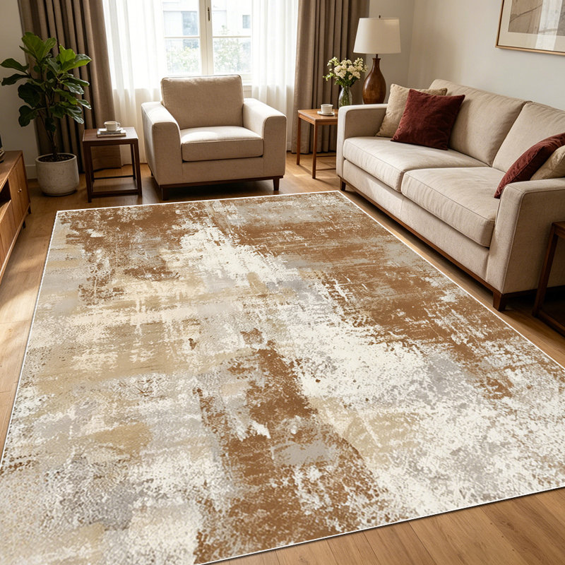 1PC distressed abstract vintage farmhouse brown cream brushstroke area rugs for Living Room, Soft and Comfortable, Suitable for all seasons, easy-to-maintain, machine washable Indoor floor mat, Under Table Farmhouse suitable for dining room, bedroom,